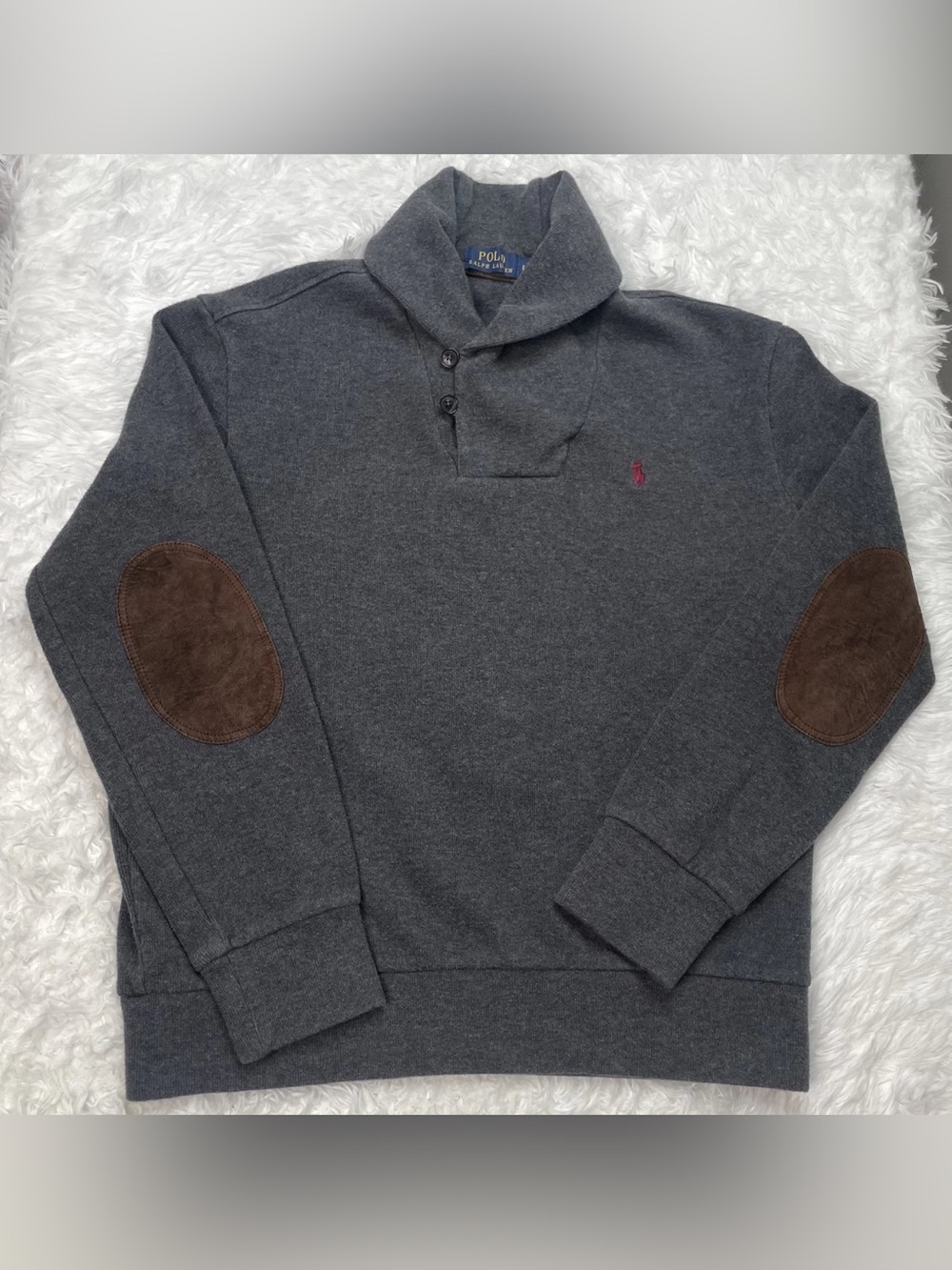 Polo Ralph Lauren Mens Size Large Shawl Neck Fisherman Sweater Gray Elbow Patch